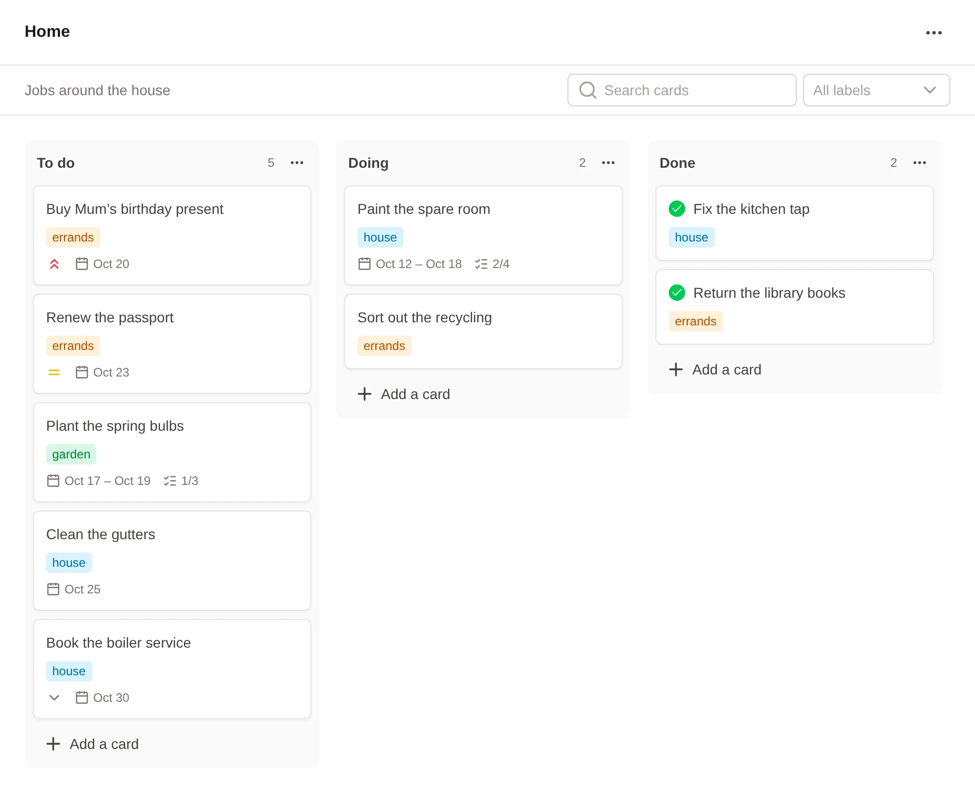 A Kiln board: To do, Doing and Done lists of cards with labels, dates and checklists.