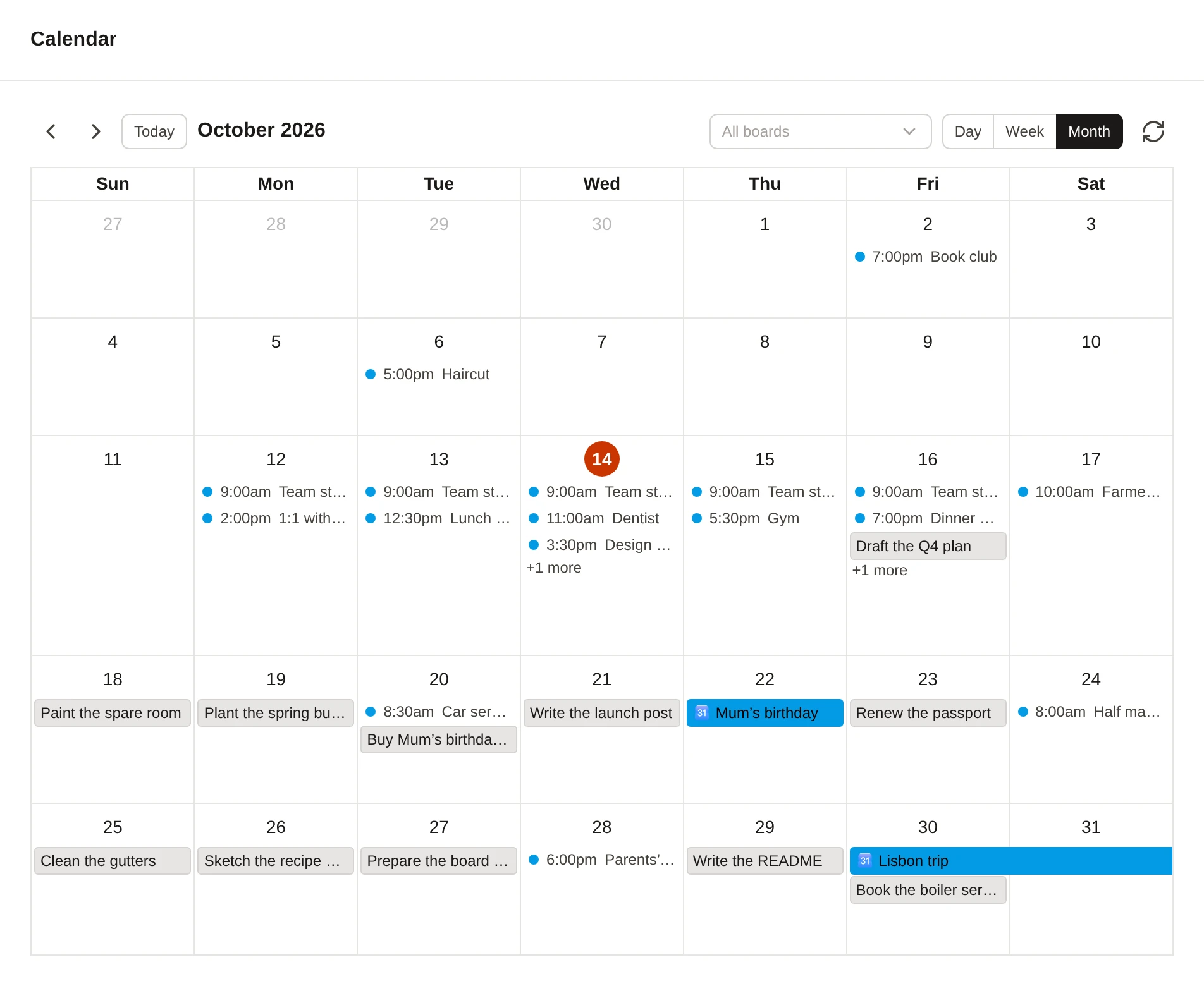Kiln’s calendar: cards on their dates beside Google Calendar events.