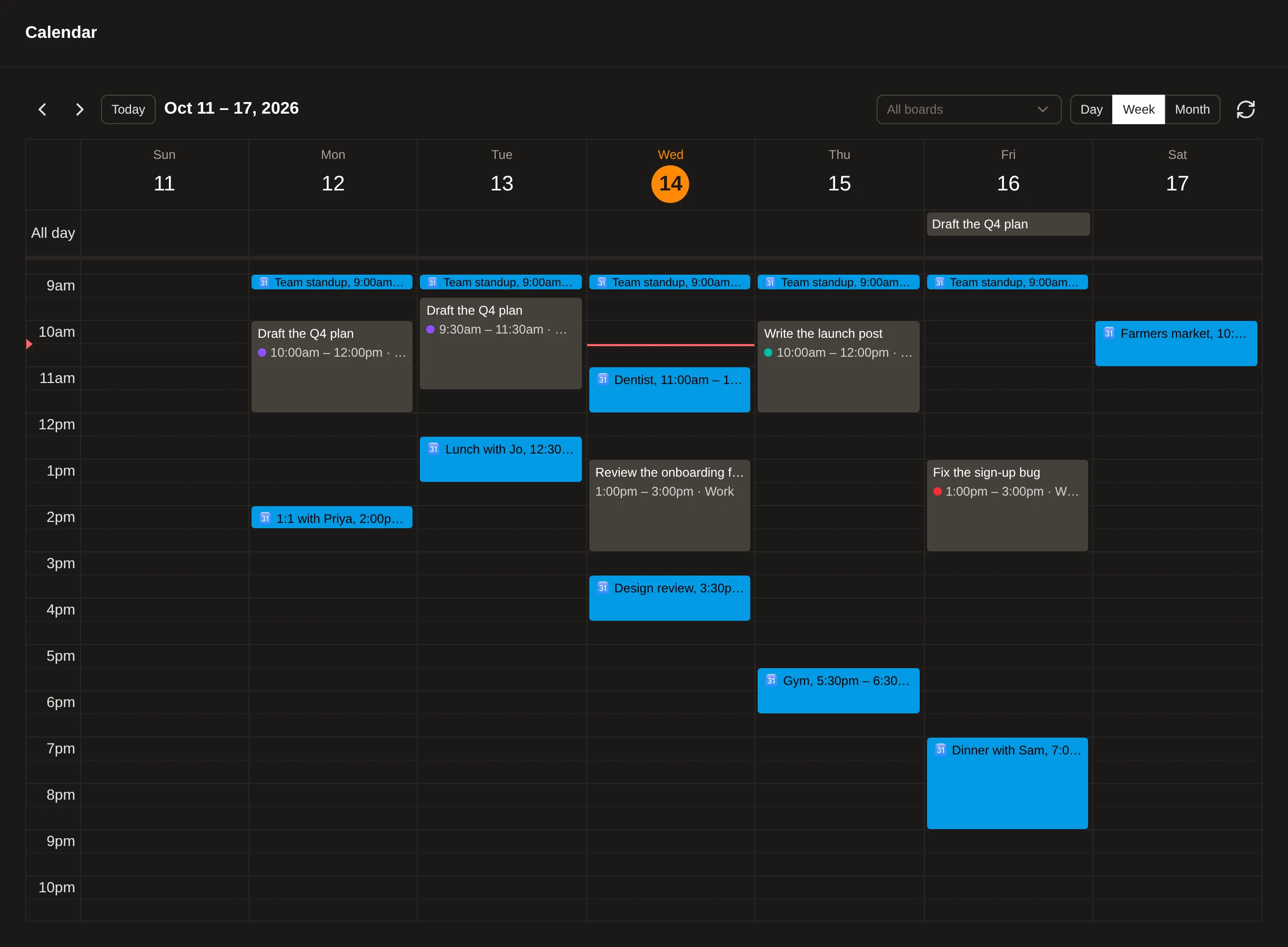 Kiln’s calendar: focus time on your cards beside Google Calendar events.