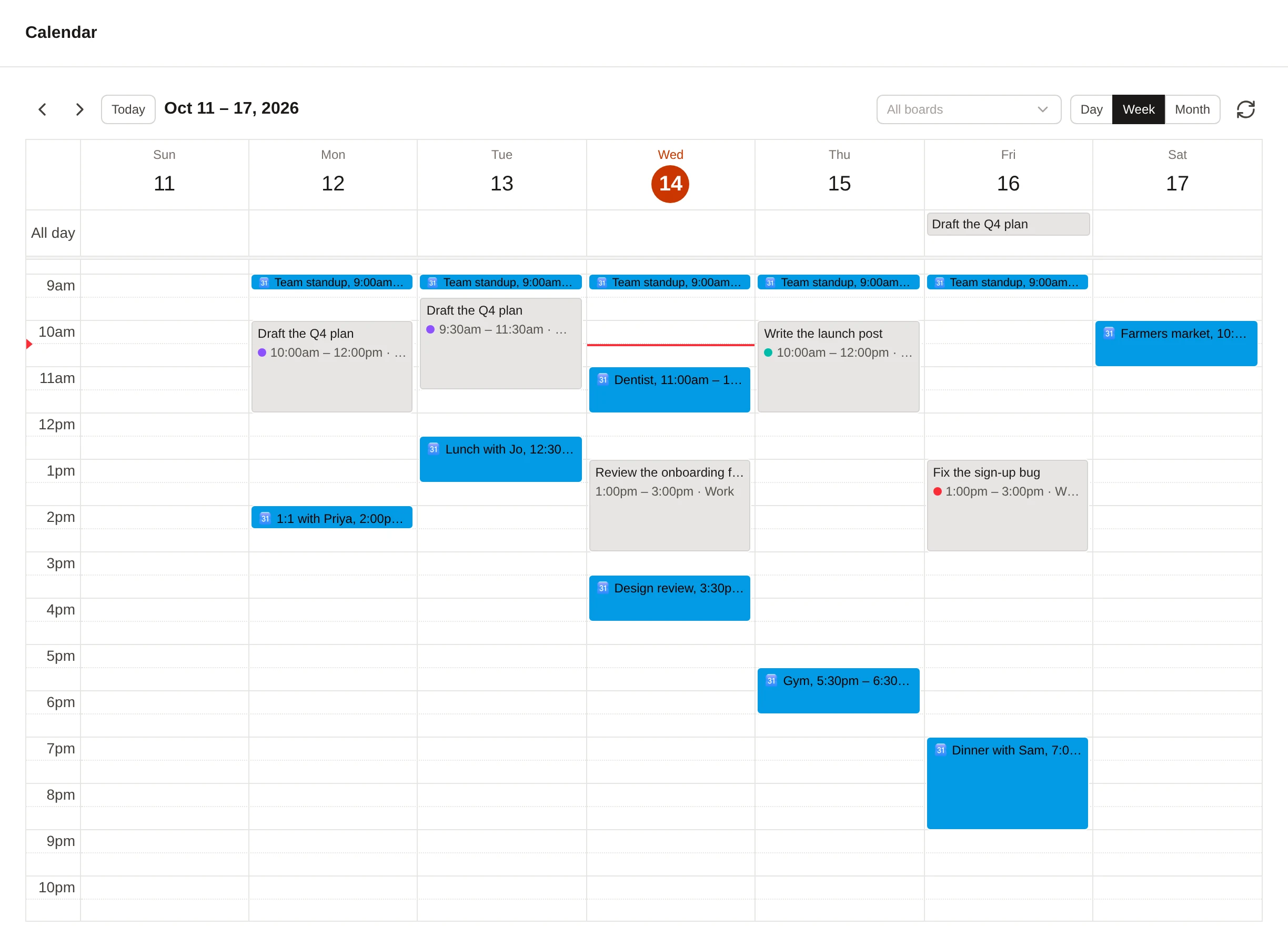 Kiln’s calendar: focus time on your cards beside Google Calendar events.