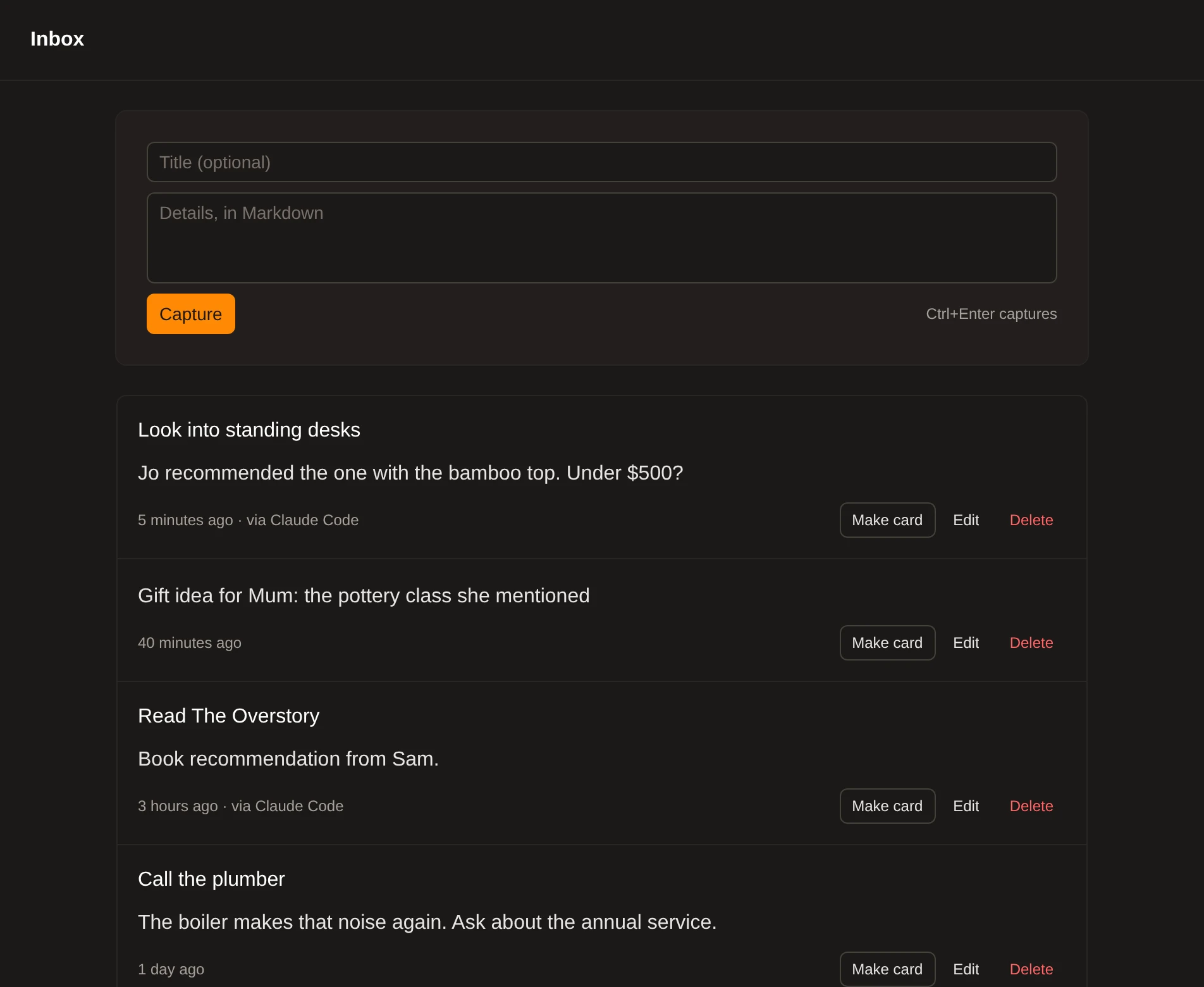 Kiln’s inbox of quick notes, some added by Claude Code.