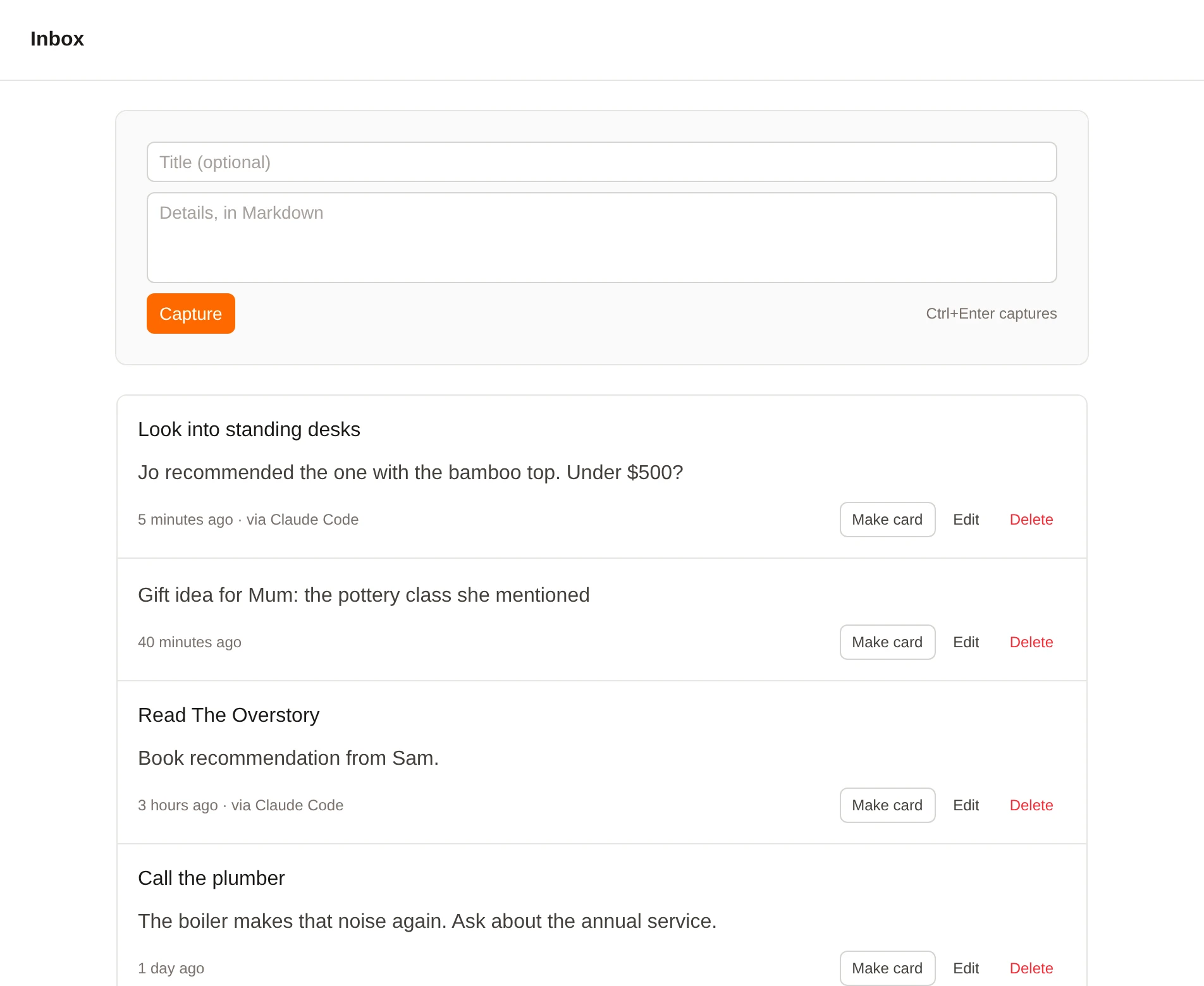 Kiln’s inbox of quick notes, some added by Claude Code.